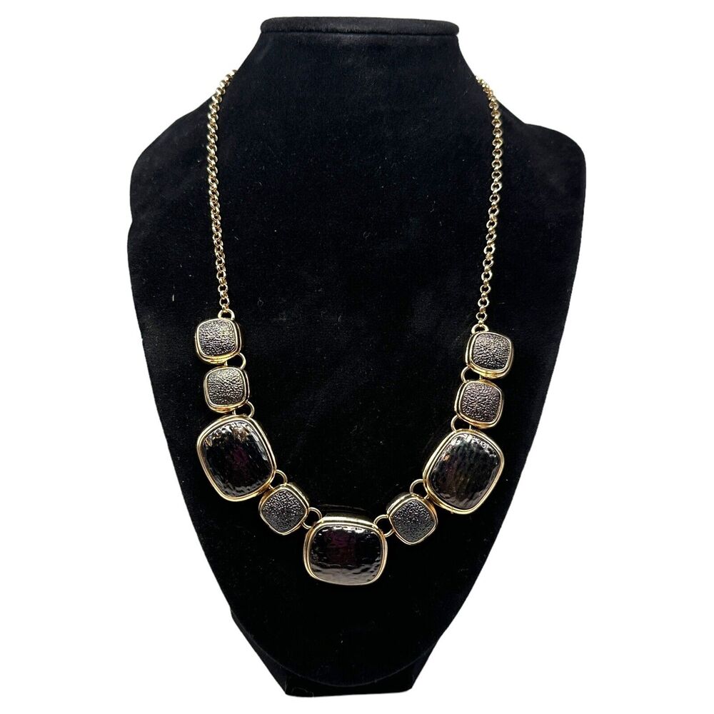 Monet Gold Tone Statement Bib Necklace Black Resin Textured Square Links